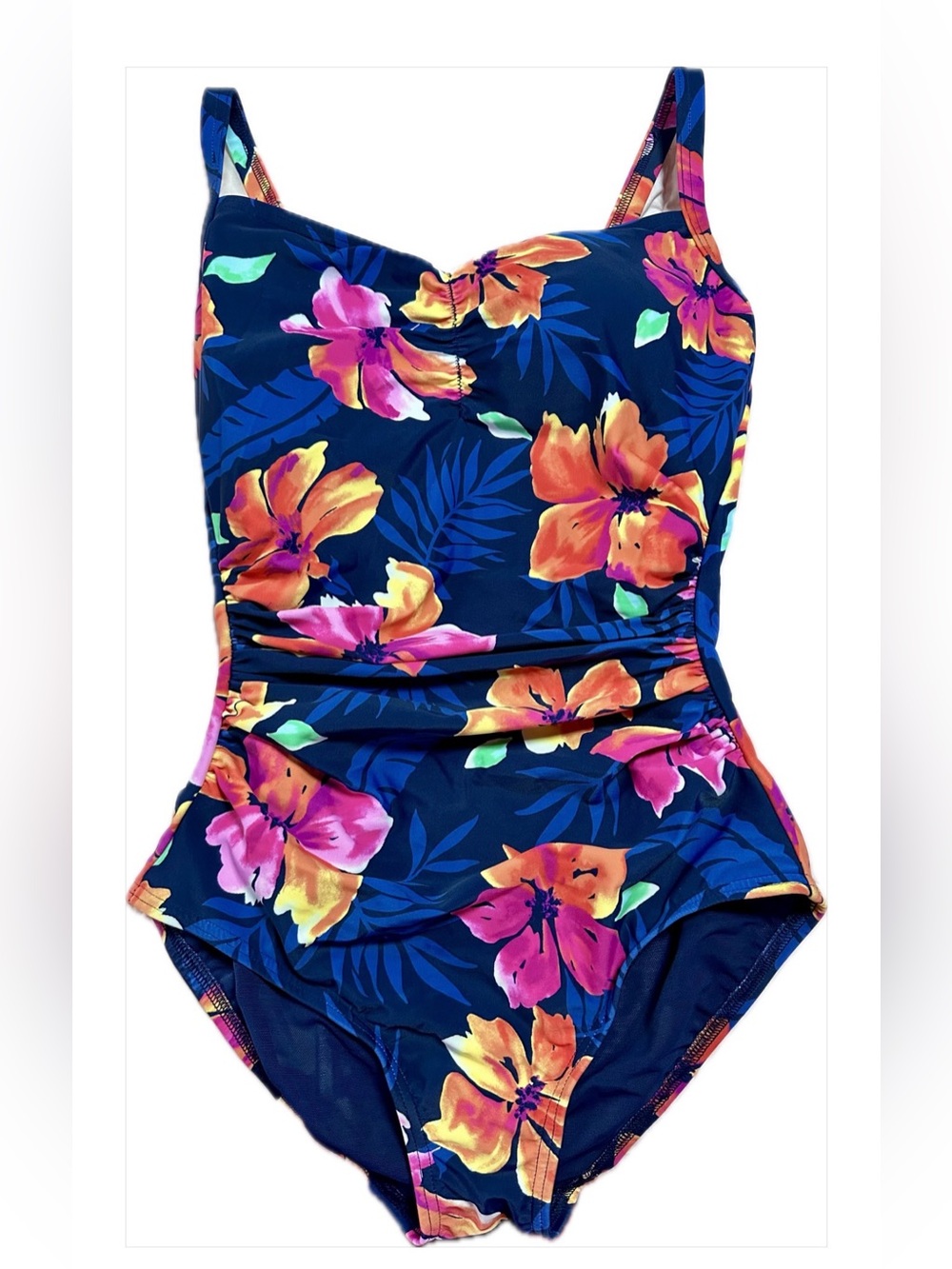 Lands' End Women’s Navy Floral One-Piece Swimsuit with Orange & Pink Blooms